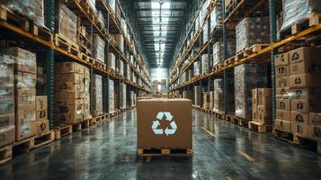 A warehouse designed for logistics and distribution, showcasing neatly stacked pallets of inventory and a focus on sustainable practices through recycling efforts. photo