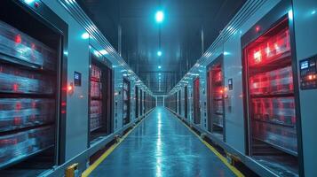 Cold storage area features multiple refrigeration units organized for efficient distribution of perishable goods like pharmaceuticals, maintaining optimal climate control for inventory preservation. photo