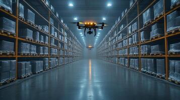Two drones operate in a spacious warehouse, moving between organized storage racks filled with pallets. The environment is illuminated, showcasing a focus on logistics and climate control. photo