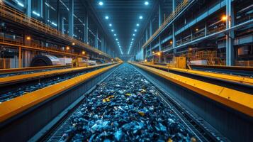 A wide view of a warehouse showcasing organized logistics processes where waste materials are being collected for recycling in an efficient manner. photo