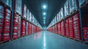 A large warehouse is showcased with neatly arranged red storage pallets, emphasizing organized inventory management for perishable items under optimized climate conditions. photo