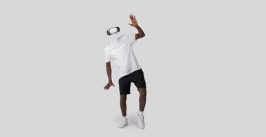 A person is engaged with modern virtual reality technology, wearing a headset and using a device to explore immersive environments. photo