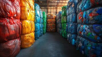 Stacks of brightly colored bales form aisles within a warehouse, showcasing organized inventory ready for distribution and recycling, contributing to sustainability practices. photo