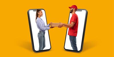 A buyer interacts with a delivery person via a smartphone, showcasing the convenience of online shopping. The background is bright, emphasizing the act of commerce in a digital setting. photo