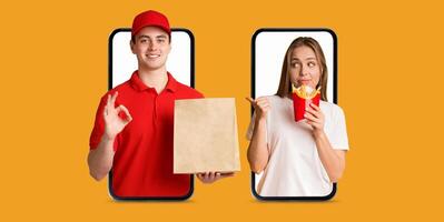 A buyer interacts with a smartphone application to order food. A delivery person holds the food package. Both individuals are isolated against a vibrant background, emphasizing online shopping. photo