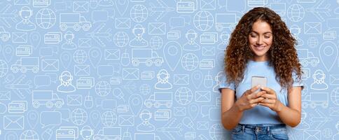 A person engages with a smartphone to browse an online store, exploring various delivery options and services. The background features relevant icons of online shopping and communication. photo