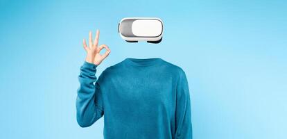 A user engages with a virtual reality headset, showcasing modern technology in a vibrant, isolated setting. The individual demonstrates a calm, focused demeanor while using the device. photo