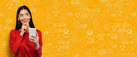A buyer actively uses a smartphone for online shopping, looking intrigued and thoughtful. The background features a vibrant collage of delivery and commerce icons, adding a dynamic touch. photo