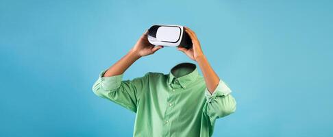 A user experiences virtual reality while wearing advanced goggles. The background is simple, highlighting the technology. photo