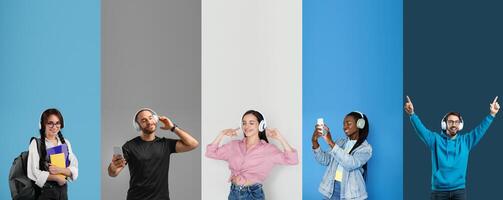 Diverse young individuals listen to music while wearing headphones, expressing joy and excitement. They are showcased against a colorful backdrop, engaging with their devices in a fun atmosphere. photo