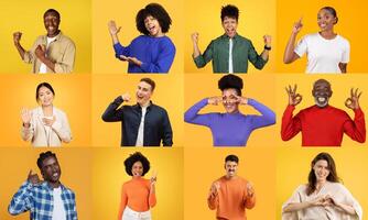A vibrant collage showcases men and women from various backgrounds joyfully expressing themselves. Each person shares a unique gesture against a bright yellow backdrop, highlighting diversity. photo