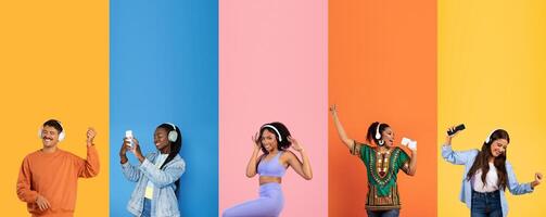 A group of diverse young individuals happily listen to music while wearing headphones. They engage in a fun activity against a vibrant, colorful backdrop, sharing joyful moments together. photo
