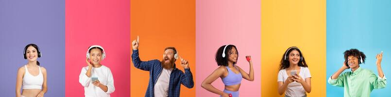 A lively group of diverse, young individuals happily listening to music with headphones. Each person showcases distinct styles and expressions, creating a vibrant atmosphere. photo