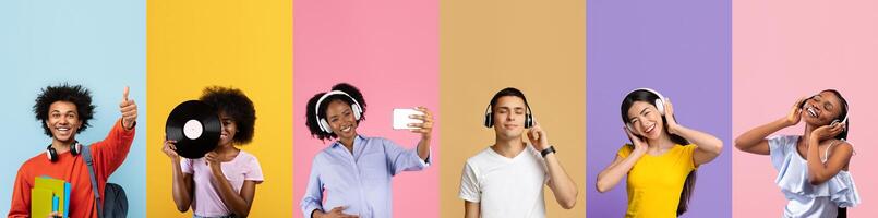 A diverse group of young individuals is happily engaging with music while wearing headphones. They are highlighted against vibrant backgrounds, showcasing joy and connection through technology. photo