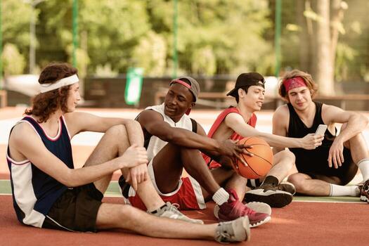 Group of multiethnic basketball players resting after match at outdoor arena, having conversation, browsing web on smartphone, discussing game strategy, copy space photo