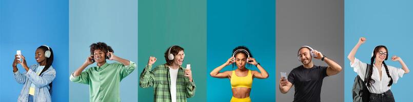 A collection of young individuals from diverse backgrounds happily listening to music with headphones. They express joy and excitement, showcasing their enjoyment of technology and music. photo