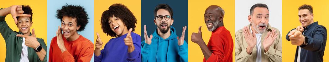A colorful collection showcases a diverse group of men sharing cheerful expressions and gestures photo
