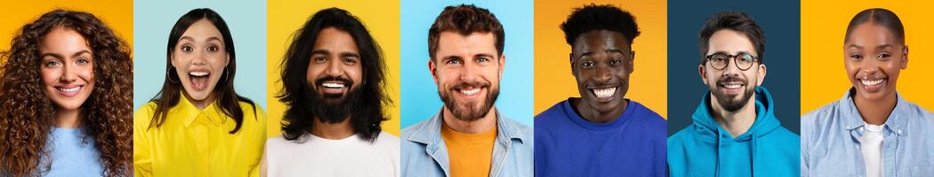 A collection of diverse people with different hair and skin types smiling joyfully. The background features vibrant colors, showcasing the beauty of unity among individuals. photo