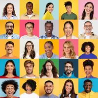 A colorful collage features a diverse group of men and women smiling and expressing joy. Each person represents various backgrounds, creating a vibrant celebration of diversity. photo