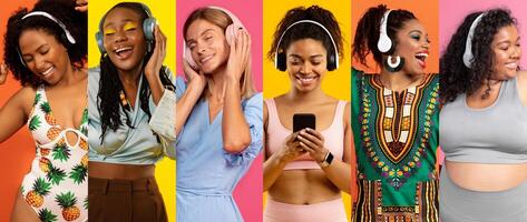 A vibrant collection of young women with diverse backgrounds enjoying music using headphones. They exhibit joy and energy against a bright, colorful backdrop, showcasing technology and fun. photo