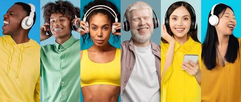 A lively collection of young individuals from diverse backgrounds blissfully listening to music with headsets. Each person expresses joy in a colorful setting, showcasing modern technology culture. photo