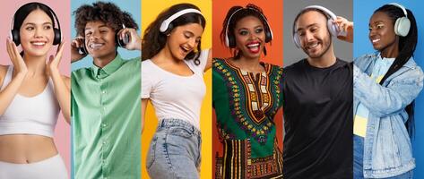 Young individuals from various backgrounds listen to music with headphones. Their joyful expressions reflect a sense of fun and connection through technology, set against vibrant backgrounds. photo