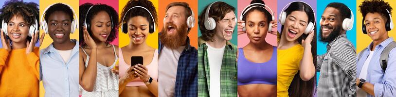 A collection of diverse young individuals, each wearing headphones, expresses their joy while listening to music. photo