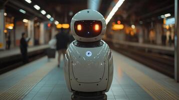 A robot stationed at a transportation hub is engaged in surveillance and monitoring activities. It enhances security and efficiency during the bustling hours of travel. photo