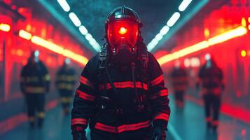 In a futuristic facility, trained firefighters wearing protective gear patrol the brightly lit corridor equipped with advanced monitoring systems for enhanced safety. photo