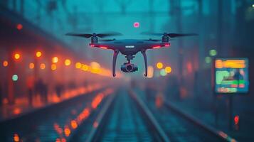 A surveillance drone is hovering above railway tracks at an urban train station, equipped with a camera to monitor activities and ensure security in the transportation network. photo