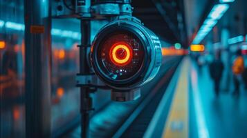 A surveillance camera equipped with advanced technology observes a train platform, ensuring smooth operations and security for arriving and departing passengers in a bustling transport hub. photo