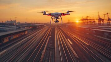 A drone operates over railway tracks at a logistics and transportation facility during sunset, focusing on monitoring and inspection activities to improve security and automation. photo