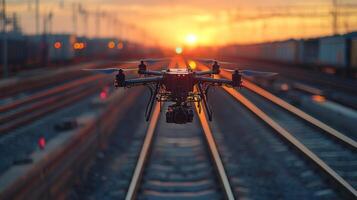 A drone flies above railway tracks at sunset, engaged in surveillance tasks to monitor transportation operations and enhance infrastructure security while capturing essential data. photo