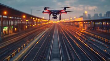 A drone hovers above a railway yard during dusk, capturing real time data for logistics and transportation security. Its presence aids in monitoring and inspecting the infrastructure efficiently. photo