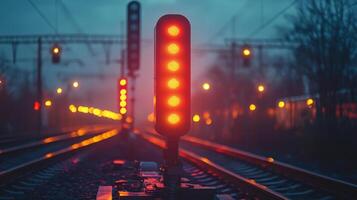 Bright red signal lights are visible on railway tracks at dusk, indicating critical monitoring and inspection activities in a transport infrastructure setting. photo