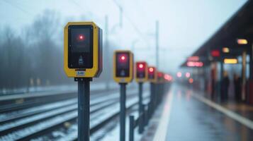 Automated monitoring systems are prominently displayed along railway tracks as snowfall creates a wintery ambiance, ensuring safe and secure transport for passengers. photo