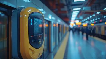 Automated monitoring device installed at a subway station assists in ensuring security and efficiency as commuters navigate through the terminal during rush hour. photo
