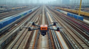 A drone equipped with surveillance technology hovers over extensive railway tracks, monitoring and inspecting cargo containers in a bustling logistics hub. photo