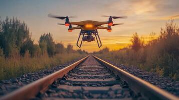 A drone hovers above railway tracks, capturing visual data for inspection and surveillance. The sunset casts a warm glow over the scene, emphasizing the importance of technology in transportation. photo