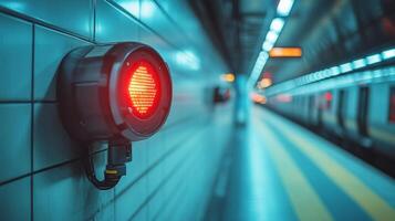 A red light signal illuminates the wall at an underground station, emphasizing transport safety while passengers wait on the platform for their train. photo