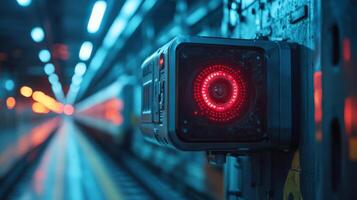 A red alert indicator signals at a secure checkpoint within an urban transportation infrastructure, monitoring the area for safety and compliance during peak hours. photo