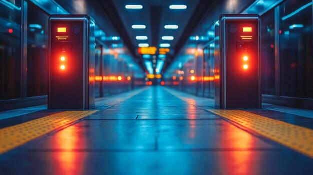 Automated transportation checkpoint featuring illuminated barriers and monitoring systems in a modern urban infrastructure during nighttime operations. photo