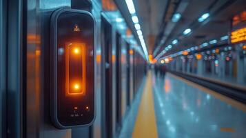 Brightly lit train platform features a signaling device, guiding passengers at an urban transit hub during peak commuting hours in the evening. photo