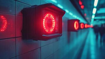 Red lights mounted on walls in a transportation corridor enhance security and monitoring, creating a focused atmosphere for efficient flow and inspection of passengers. photo