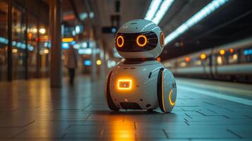 A small robotic assistant stands on the platform of a transportation hub, equipped with surveillance features for monitoring and inspection, promoting efficient mobility and security. photo