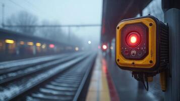 A red warning light signals at a train station platform during low visibility conditions, indicating an active monitoring system for safety and inspection. photo