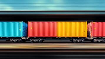 A series of vibrant freight containers in blue, yellow, and red are rapidly moving on a train alongside tracks in a busy transportation hub, highlighting the logistics and supply chain processes. photo