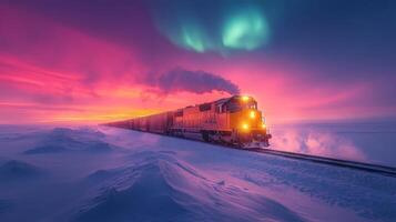 A freight train travels through a snowy landscape, illuminated by stunning northern lights in the sky as twilight sets in, showcasing the beauty of transportation over challenging terrain. photo