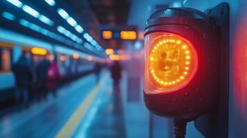 A bright traffic light emits red signals at a busy transit station while commuters navigate through the area, emphasizing the importance of security and efficient transportation management. photo