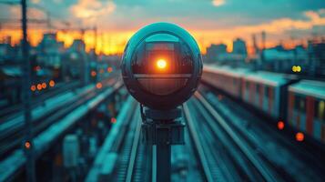 A surveillance camera stands guard over railway tracks during sunset, capturing essential activities and ensuring security in a bustling urban infrastructure. photo